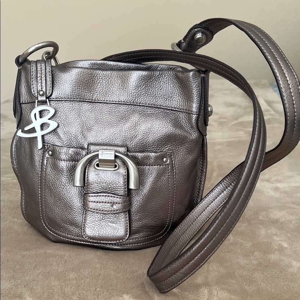 B. Makowsky Genuine Leather Metallic Crossbody Bag with Leopard Print Lining